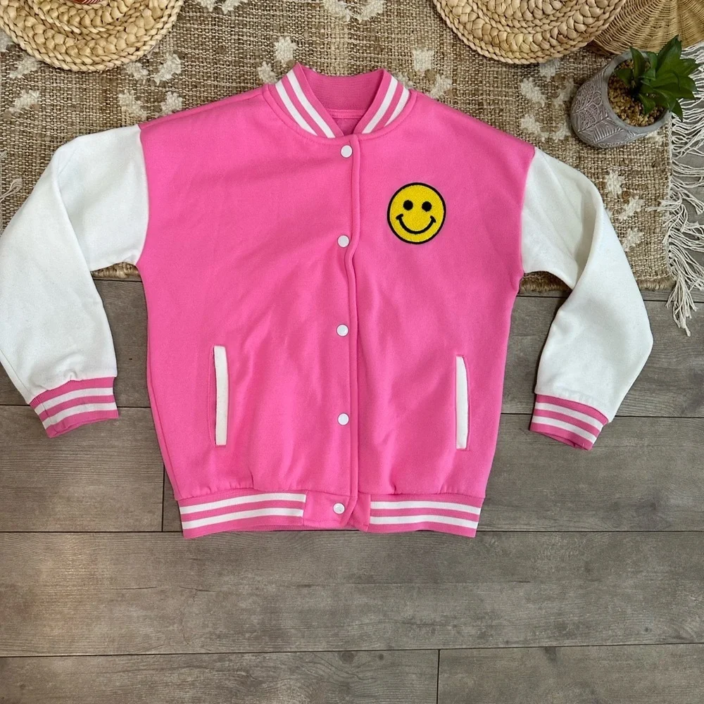 Boutique Girl’s Pink and White Varsity Jacket with Smiley Patch Size XL